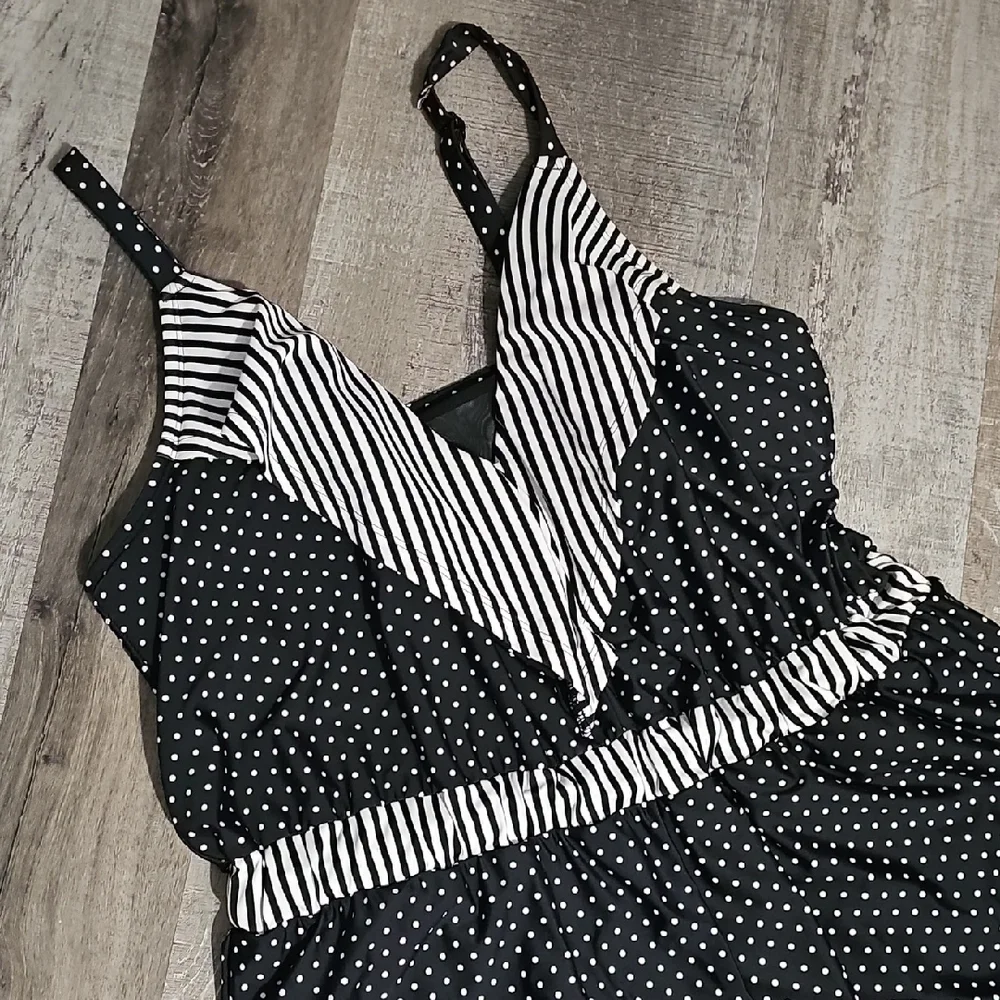 Cacique Black & White Polka Dot Romper with Striped Trim Swim Suit (A) - Picture 2 of 7